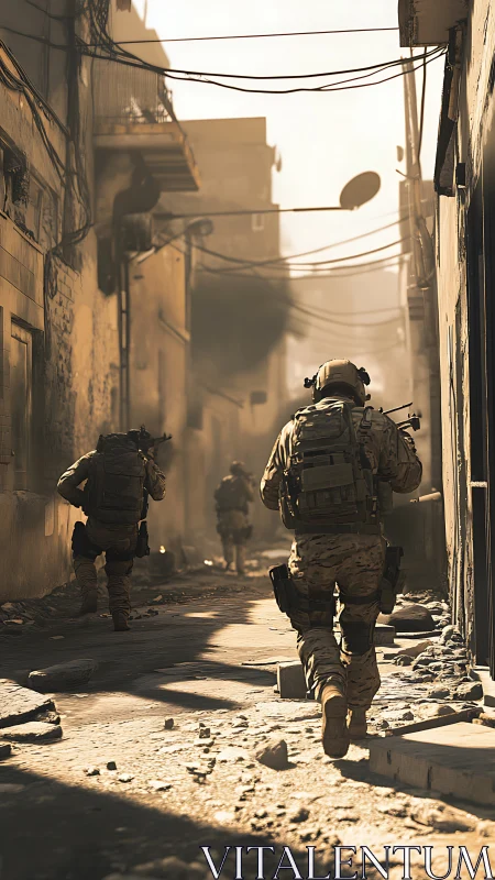 Soldiers advance through damaged urban alley under harsh light