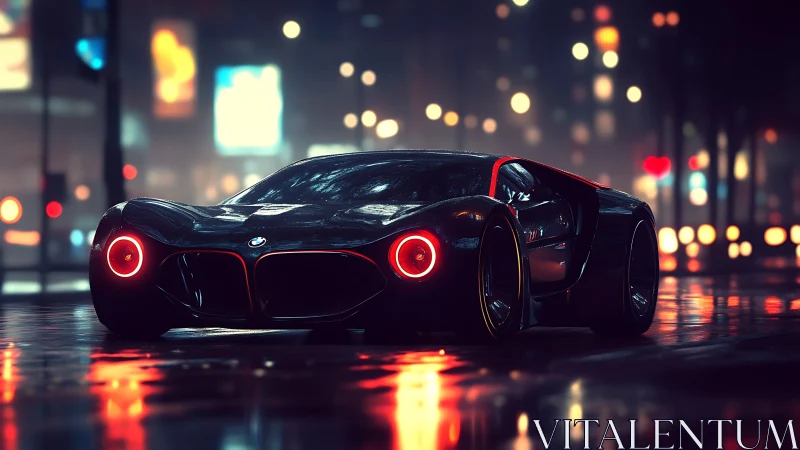 Futuristic BMW sports car on wet city street at night.