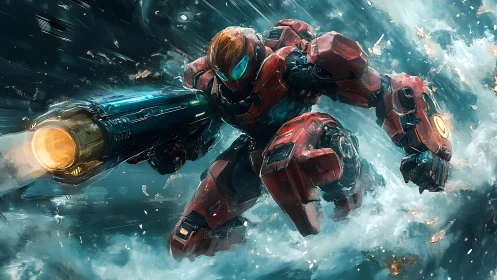 Armored space warrior charges through explosive ice storm.