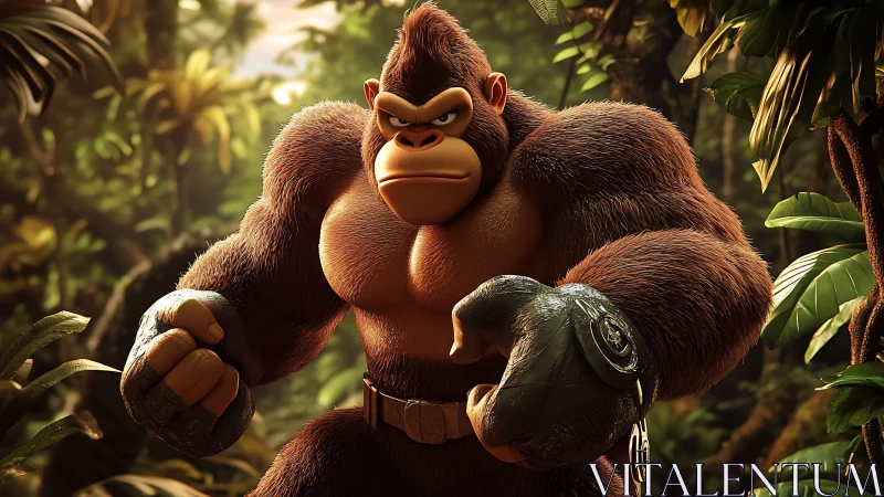 Muscular cartoon gorilla in dense jungle environment.
