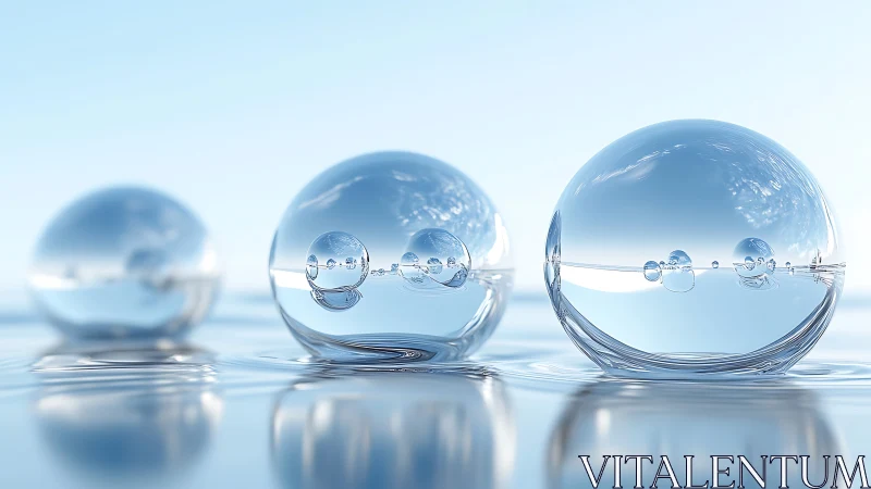 Glistening glassy spheres rest calmly on a mirrorlike water pool