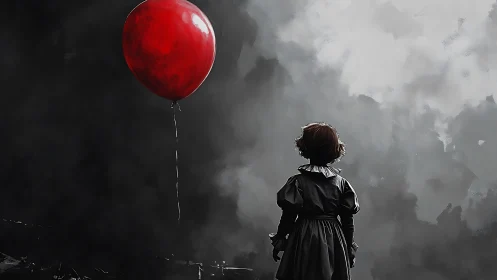 Solitary red balloon keeps a quiet vigil over the child