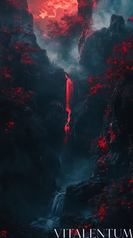 Crimson waterfall divides a mist-laden nocturnal canyon