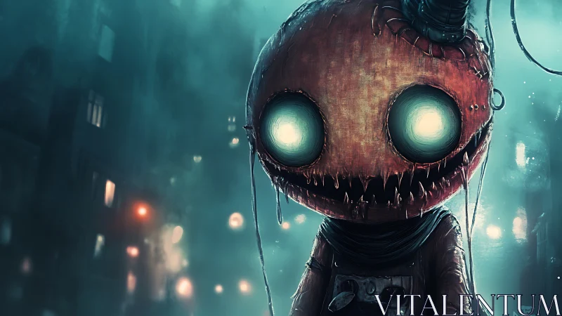 Mechanical doll figure in foggy urban night environment.