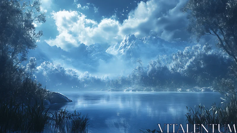 Moonlit alpine lake with misted pines and icy peaks.