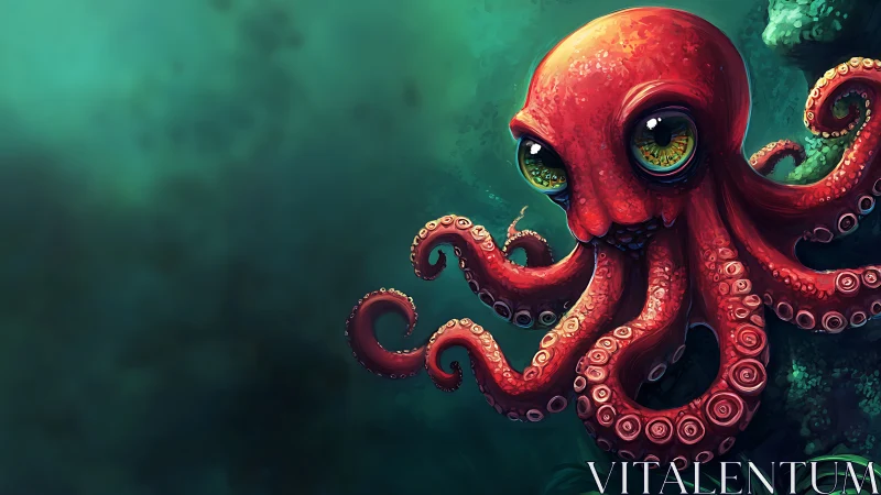 Vibrant cartoon octopus with oversized eyes in teal depths.