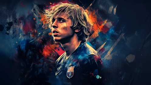 Electric football portrait amid abstract neon bursts.