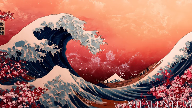 Crimson dusk reinterpretation of Hokusai wave with cherry bloom