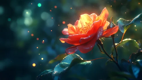 Luminescent Rose Bloom Against Teal Night