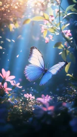 Blue butterfly hovers over pink flowers in backlit forest