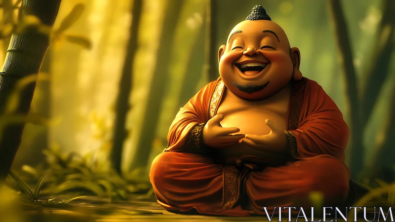 Laughing monk statue in glowing bamboo forest lightscape.