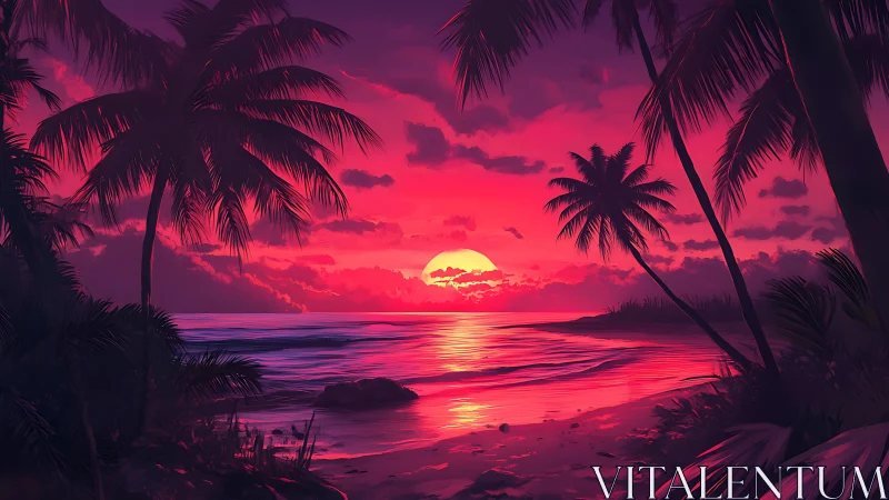 Tropical palm beach at vivid red and purple sunset sky.