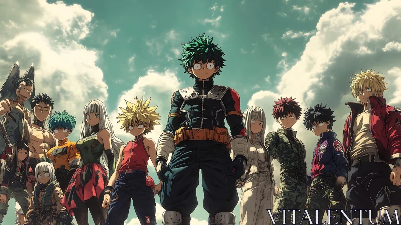 Group of determined anime heroes under dramatic sky.