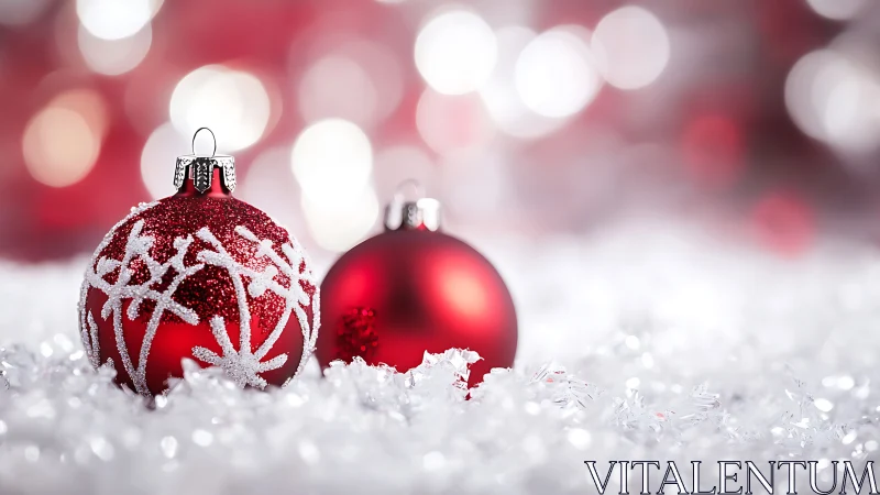 Crimson baubles resting in a sugar-snow blur of holiday light.