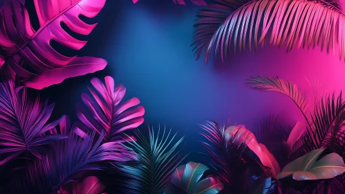 Neon gradient jungle with sculpted tropical foliage framing.