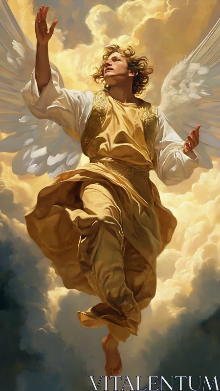 High-contrast celestial figure ascends through volumetric cloud light