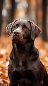 Chocolate labrador dog in sharp focus against autumn foliage.