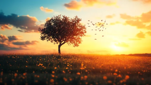 Lone tree in golden field at sunset, digital art landscape.