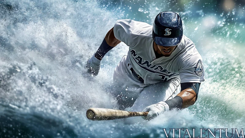 Baseball player sliding through stylized water spray field.