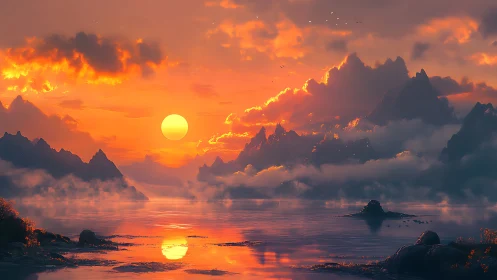 Golden sun settles gently above tranquil misty mountains