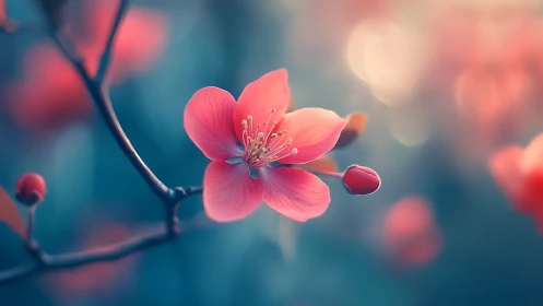 Coral Pink Cherry Blossom with Selective Focus Bokeh Rendering