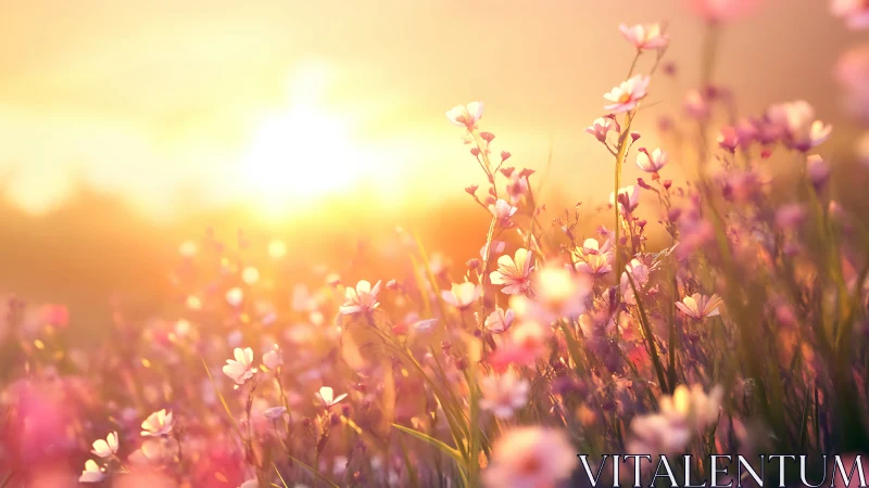 Flowering field at golden hour with soft focus depth