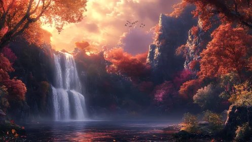 Waterfall amid dense autumn forest under glowing sky.