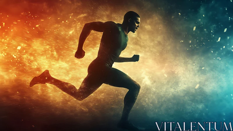 Dynamic runner silhouette crosses fiery to cool color gradient