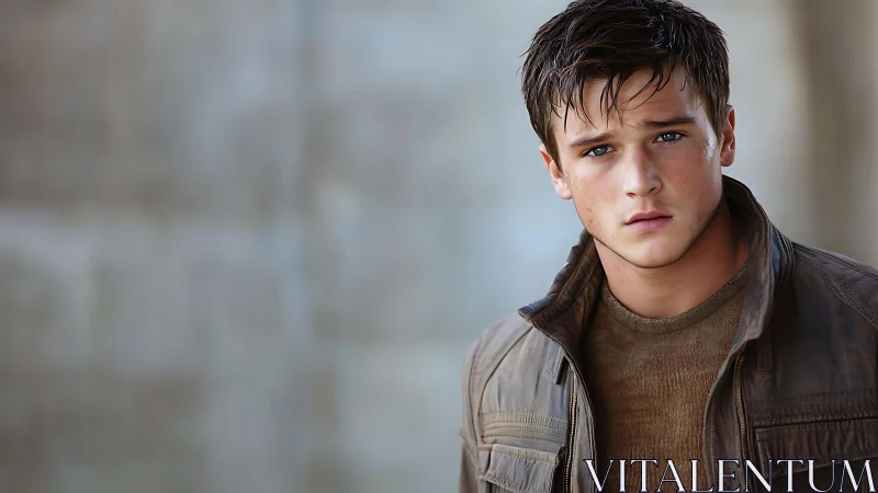 Young man in brown jacket stares into soft urban light