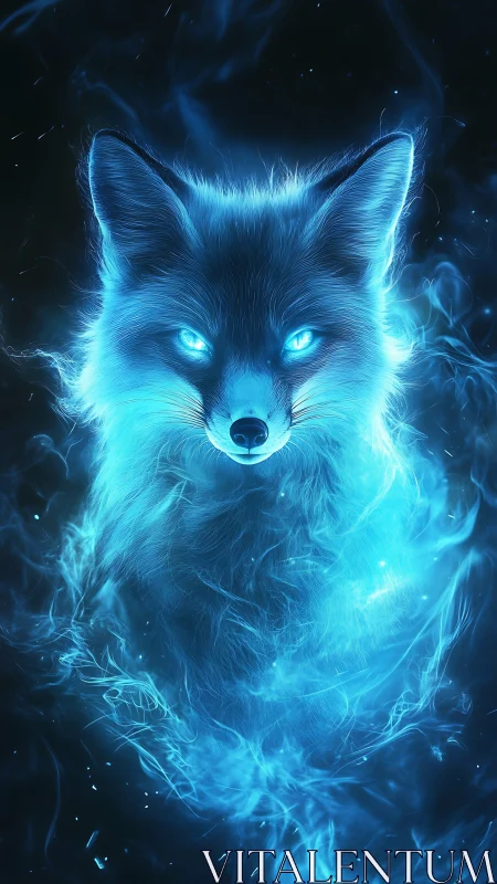 Luminous spirit fox glows in swirling blue ethereal flames.