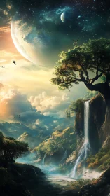 Exoplanetary waterfall valley under dual celestial bodies.