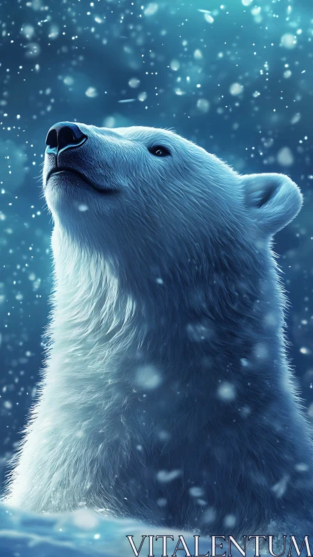 Polar bear rendered in snow with vertical portrait framing.