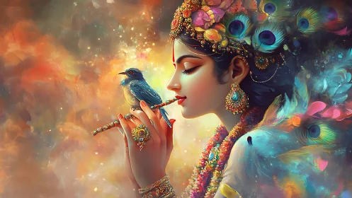 Ornate goddess profile with peacock plumes and blue songbird.