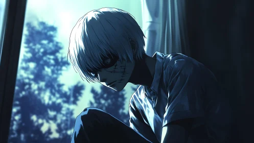 White haired boy in blue nocturnal backlight, stitched mask.