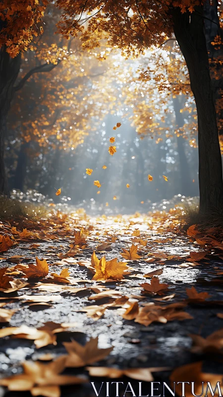 Autumn forest path with drifting leaves and volumetric sunlight.