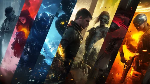 Band of neon warriors in fractured sci fi destiny stripes.