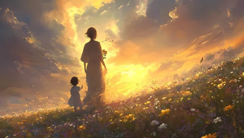 Mother and child crossing a radiant wildflower horizon.