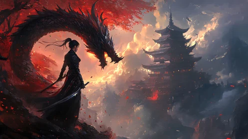 Warrior and dragon confront temple amid incendiary sky