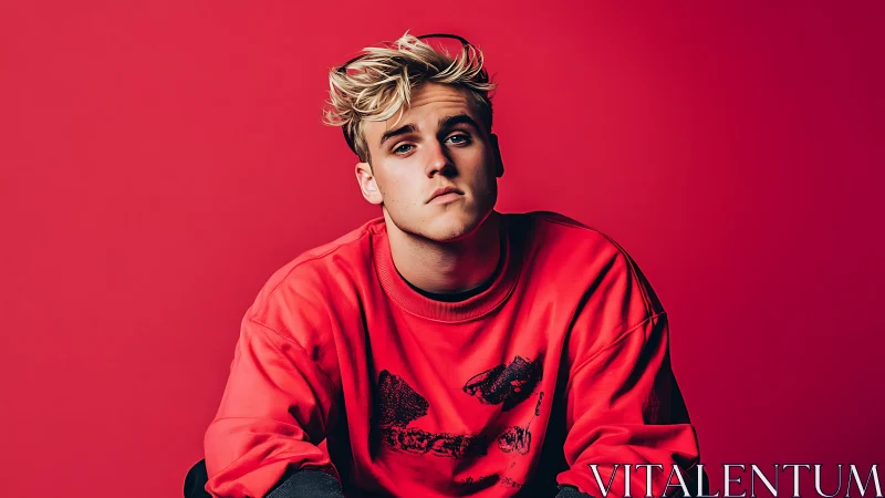 Portrait of young man in red sweatshirt against bold backdrop.