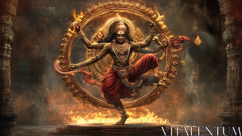 Divine cosmic dancer within blazing mandala of molten gold.