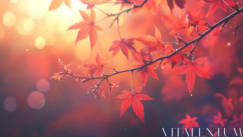 Red maple leaves glow in warm backlit autumn bokeh