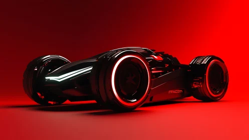 Futuristic black concept car glows with red neon rims