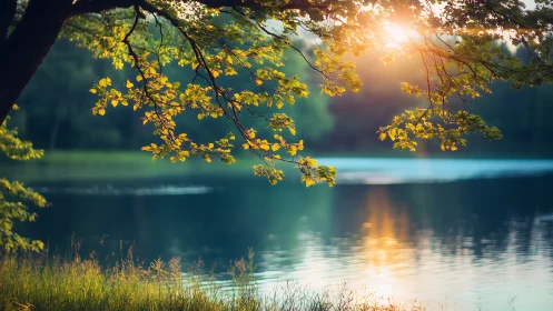 Sunlit lake hush beneath a canopy of whispering leaves.