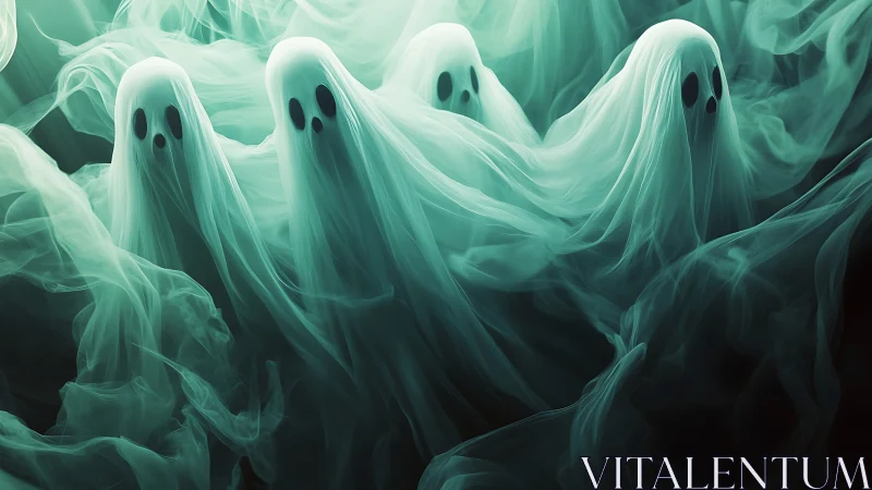 Translucent spectral figures in drifting green vapor field.