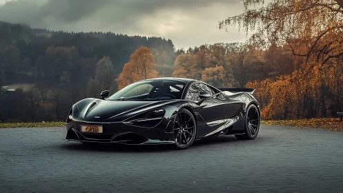 Black mid‑engine sports car is parked on paved surface