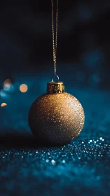 Golden glitter bauble hangs over bokeh-lit blue surface