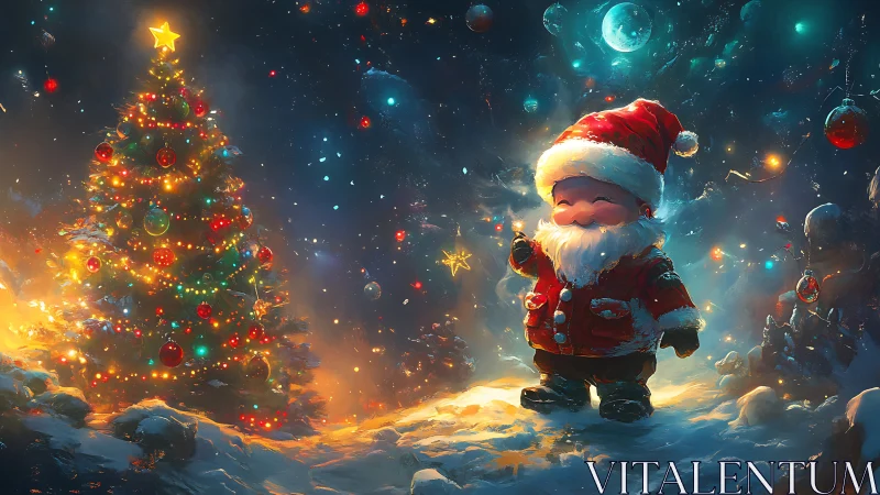 Cute Santa beside glowing Christmas tree under starlit sky.