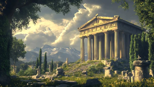 Classical stone temple amid overgrown ancient ruins landscape.