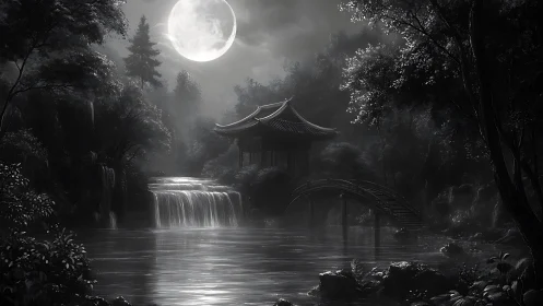Moonlit garden pavilion rests beside a gentle forest waterfall
