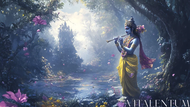 Divine blue figure plays flute beside misted forest river
